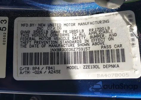 2006 Toyota Corolla Le из США, поврежденный, VIN 1NXBR30E06Z759157